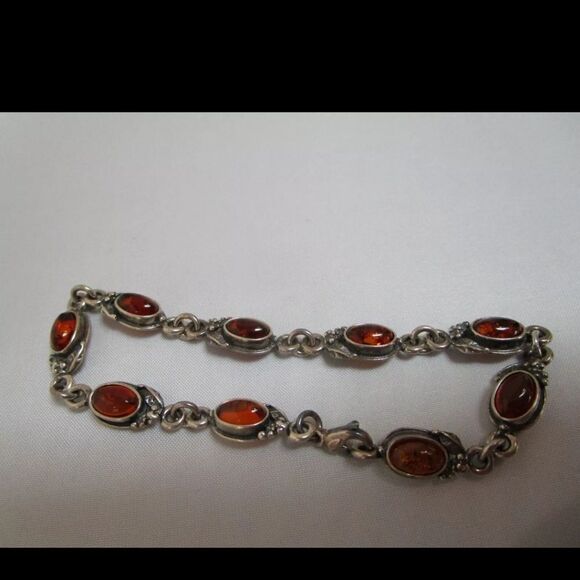 Vintage Sterling Silver & Amber Bracelet Oval Sections Links With Grapes 7 1/2" - Picture 1 of 4